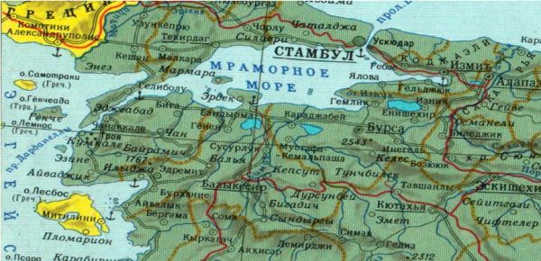 Окрестности Мраморного моря на современной карте Турции